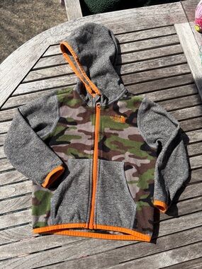 The North Face Gray & Camo Kids Hooded Zip Fleece with Orange Trim